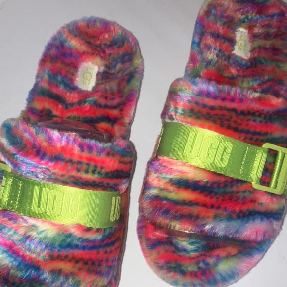UGG Colorful Fluffy Slides with Neon Green - Picture 3 of 9